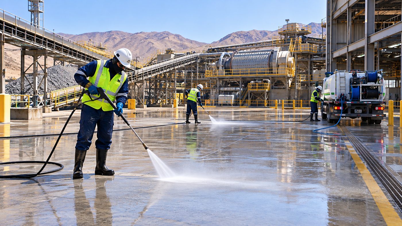 Cuadrilla de aseo industrial hidrolavando el piso de una planta minera