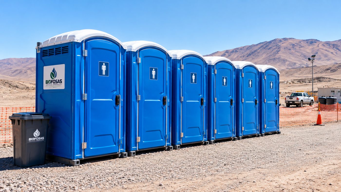Fila de baños químicos azules en una faena del desierto, con contenedor de residuos