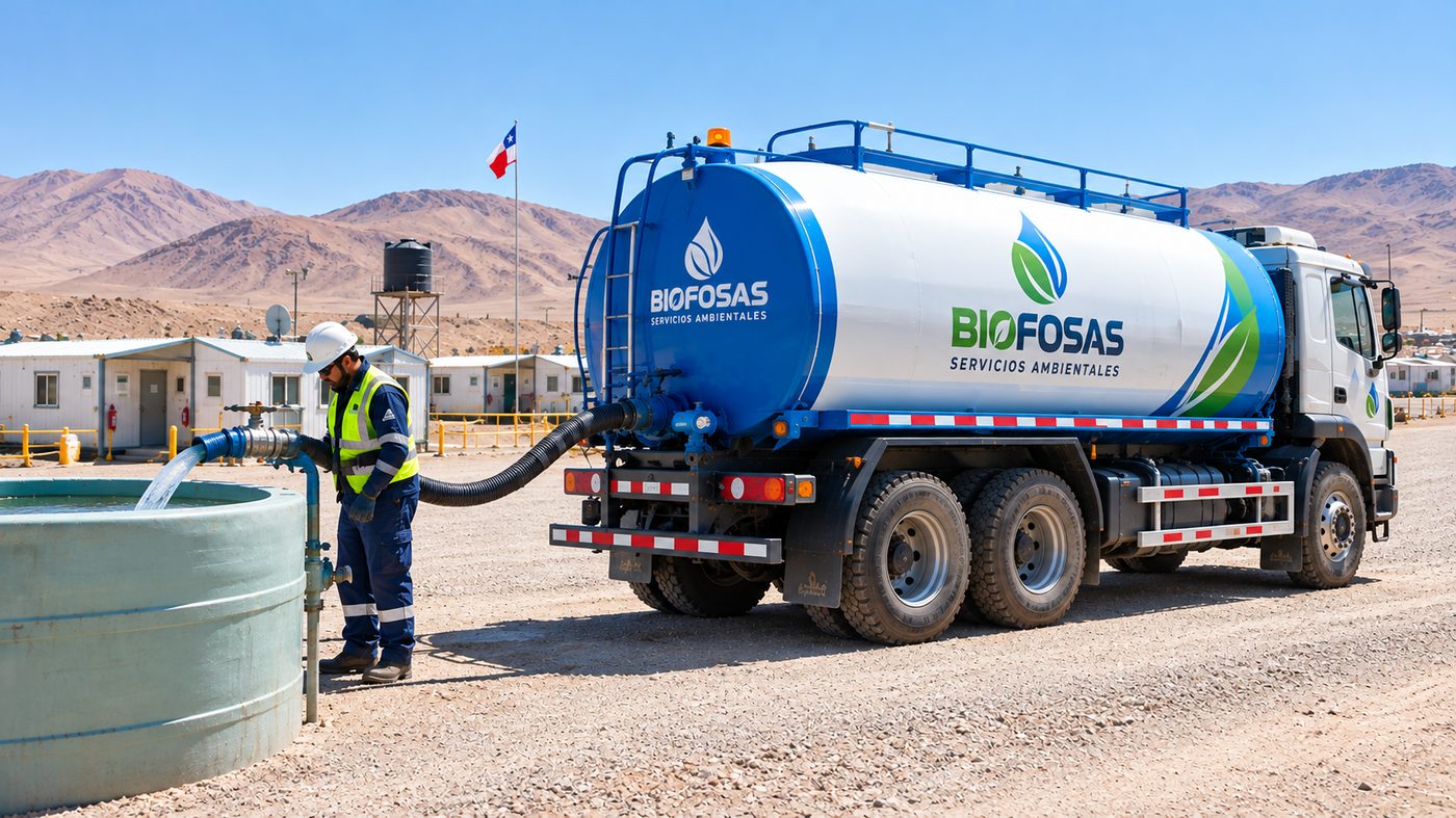 Camión aljibe de BIOFOSAS llenando un estanque en un campamento minero