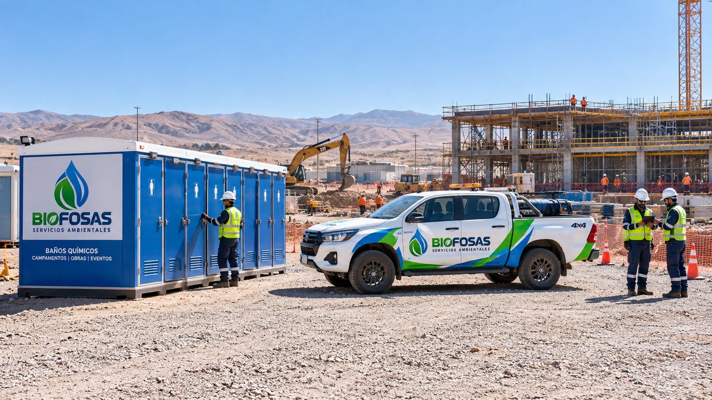 Módulos sanitarios y camioneta de BIOFOSAS en una obra de construcción con personal en terreno