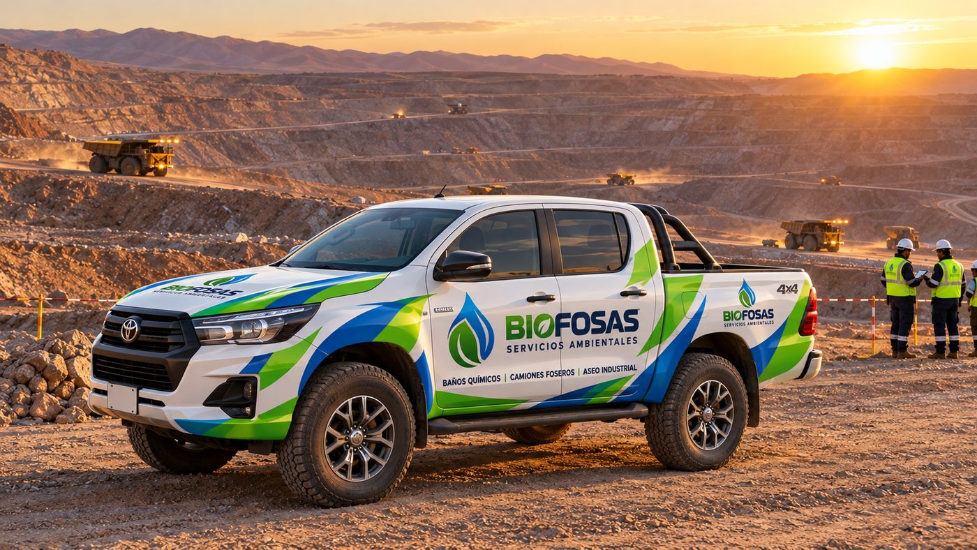 Camioneta de BIOFOSAS en una mina a rajo abierto al atardecer, con personal de seguridad al fondo